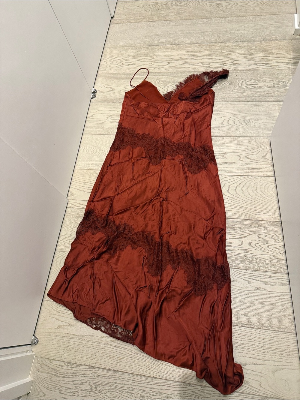 A.L.C. Stella Lace-Trim Midi // A.L.C. Rust Asymmetrical Slip Dress with Lace - Picture 6 of 7